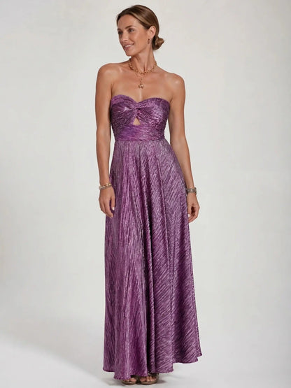 Women's Shiny Fabric Maxi Dress | Elegant Strapless Pleated Evening Gown