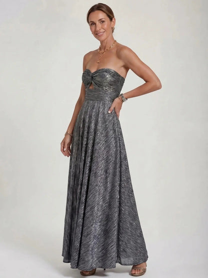 Women's Shiny Fabric Maxi Dress | Elegant Strapless Pleated Evening Gown