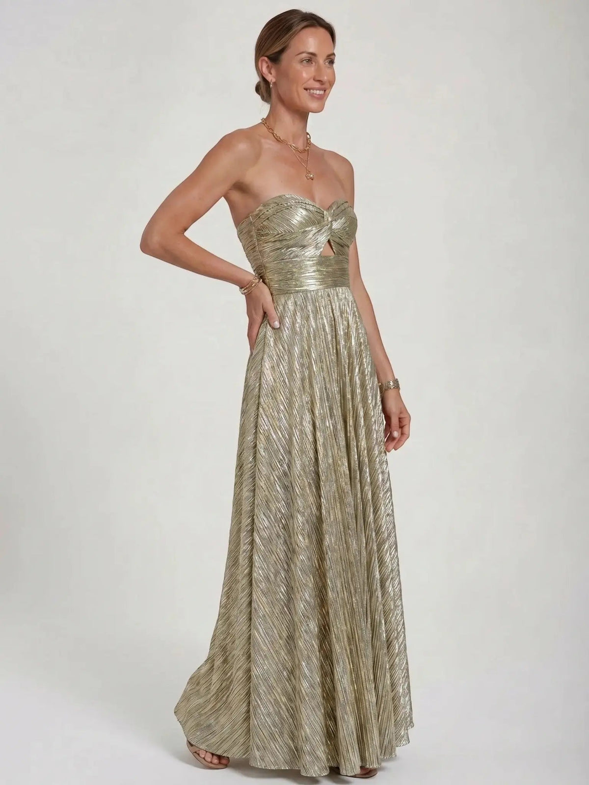 Women's Shiny Fabric Maxi Dress | Elegant Strapless Pleated Evening Gown