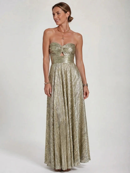 Women's Shiny Fabric Maxi Dress | Elegant Strapless Pleated Evening Gown