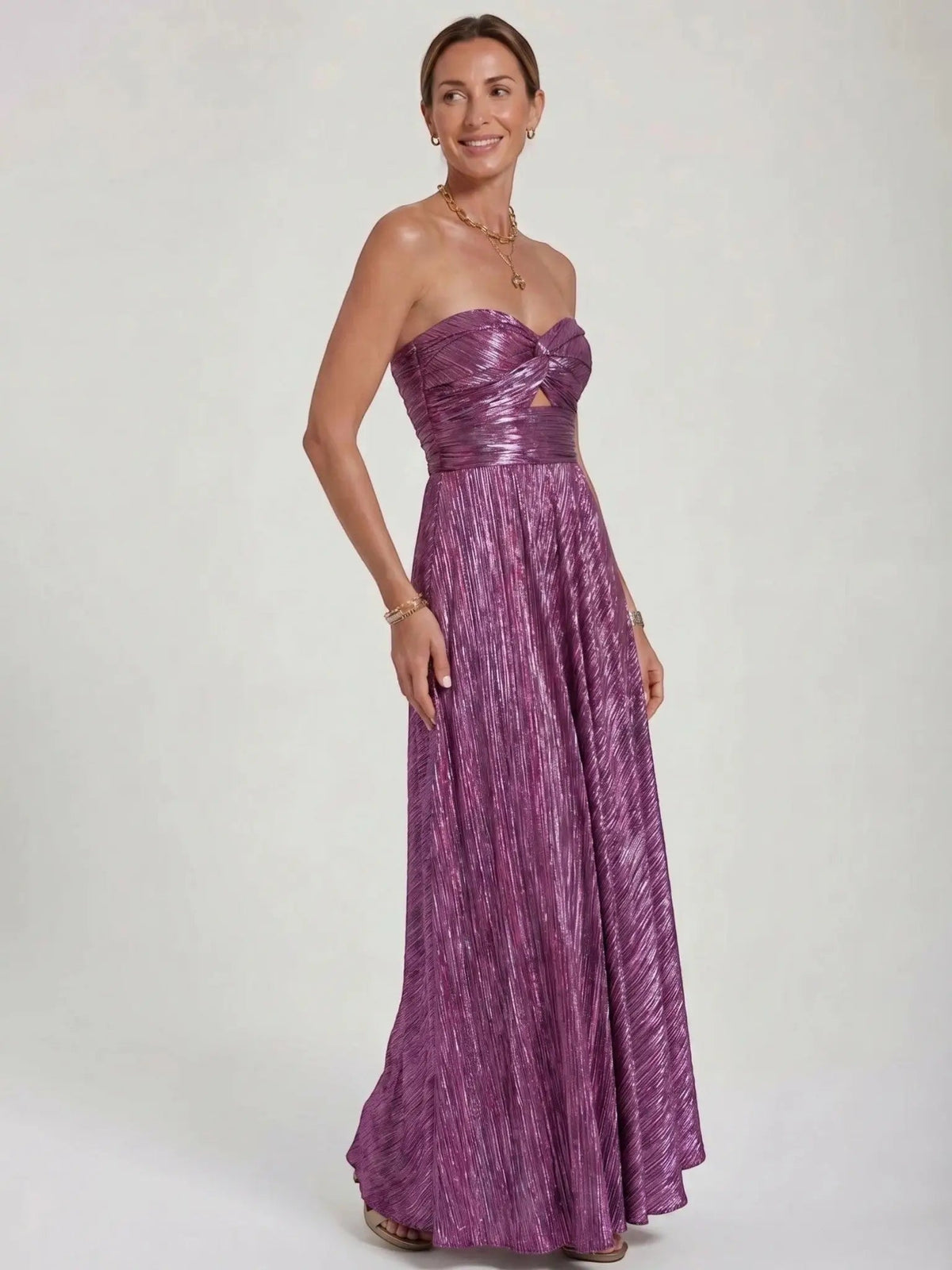Women's Shiny Fabric Maxi Dress | Elegant Strapless Pleated Evening Gown