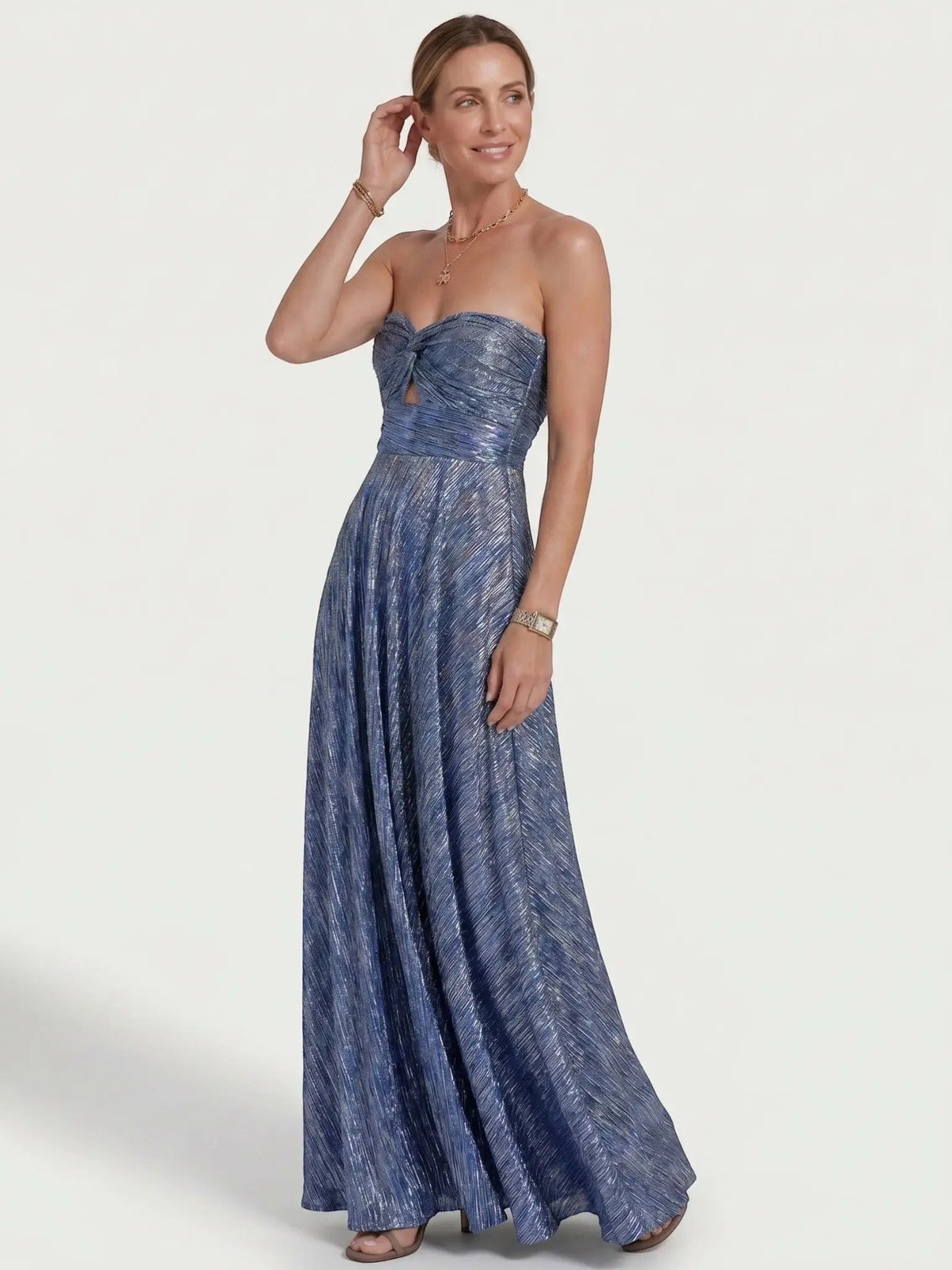 Women's Shiny Fabric Maxi Dress | Elegant Strapless Pleated Evening Gown