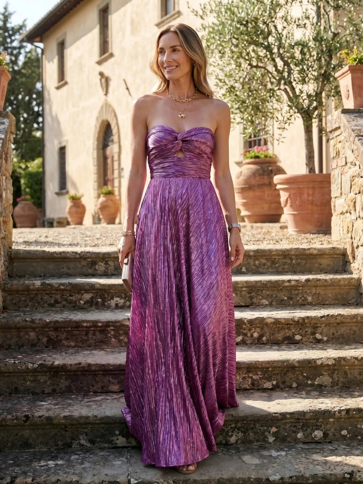 Women's Shiny Fabric Maxi Dress | Elegant Strapless Pleated Evening Gown