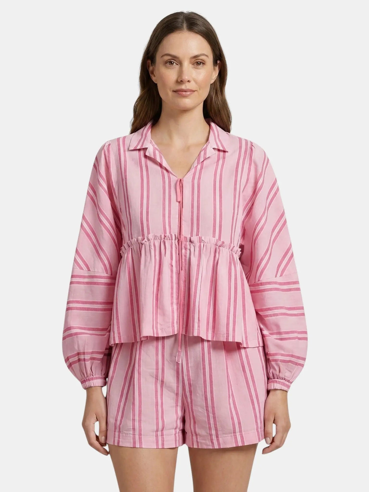 Women's Striped Cotton Peplum Shirt and Shorts Set | Relaxed Fit Summer Outfit