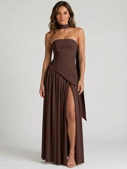 Women's Structured Cocktail Dress | Elegant Strapless High Slit Design