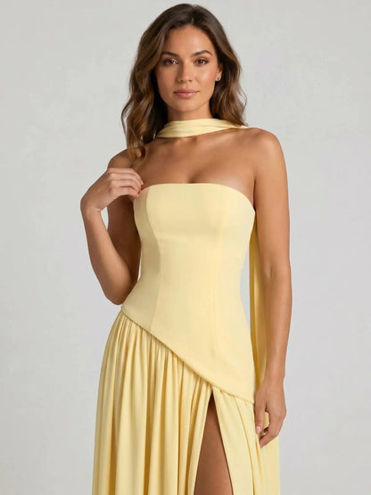 Women's Structured Cocktail Dress | Elegant Strapless High Slit Design