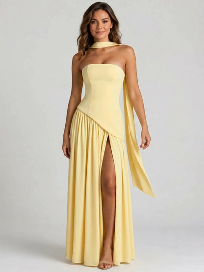 Women's Structured Cocktail Dress | Elegant Strapless High Slit Design