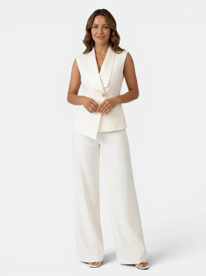 Women's Tailored Blazer Suit Set | Sleek Sleeveless Design with Wide Leg Trousers