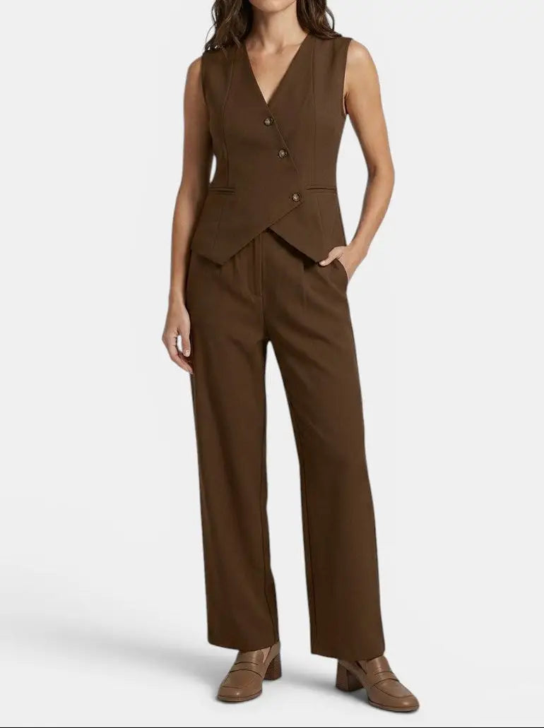 Women's Tailored Fabric Suit Set | Elegant Sleeveless Blazer & Wide-Leg Trousers
