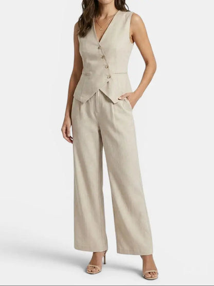 Women's Tailored Fabric Suit Set | Elegant Sleeveless Blazer & Wide-Leg Trousers