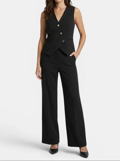 Women's Tailored Fabric Suit Set | Elegant Sleeveless Blazer & Wide-Leg Trousers