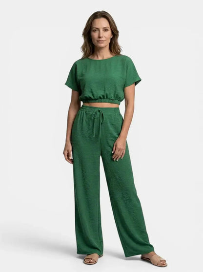 Women's Textured Cotton Loungewear Set | Relaxed Crop Top and Wide Leg Trousers