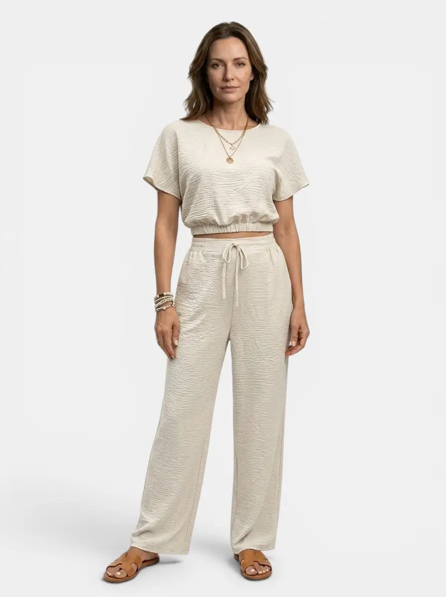 Women's Textured Cotton Loungewear Set | Relaxed Crop Top and Wide Leg Trousers