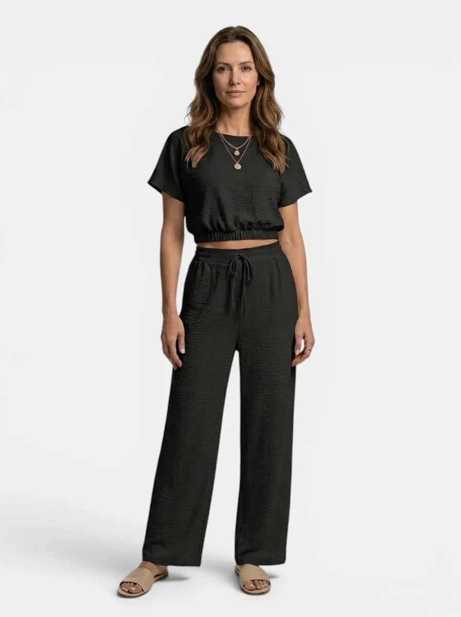 Women's Textured Cotton Loungewear Set | Relaxed Crop Top and Wide Leg Trousers