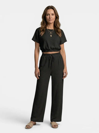 Women's Textured Cotton Loungewear Set | Relaxed Crop Top and Wide Leg Trousers