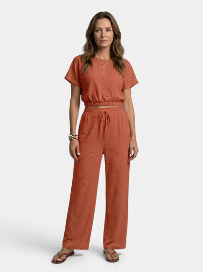 Women's Textured Cotton Loungewear Set | Relaxed Crop Top and Wide Leg Trousers