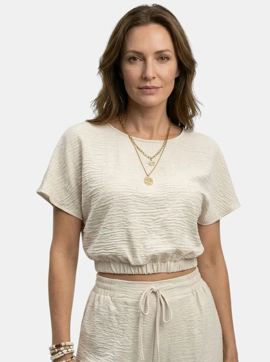 Women's Textured Cotton Loungewear Set | Relaxed Crop Top and Wide Leg Trousers