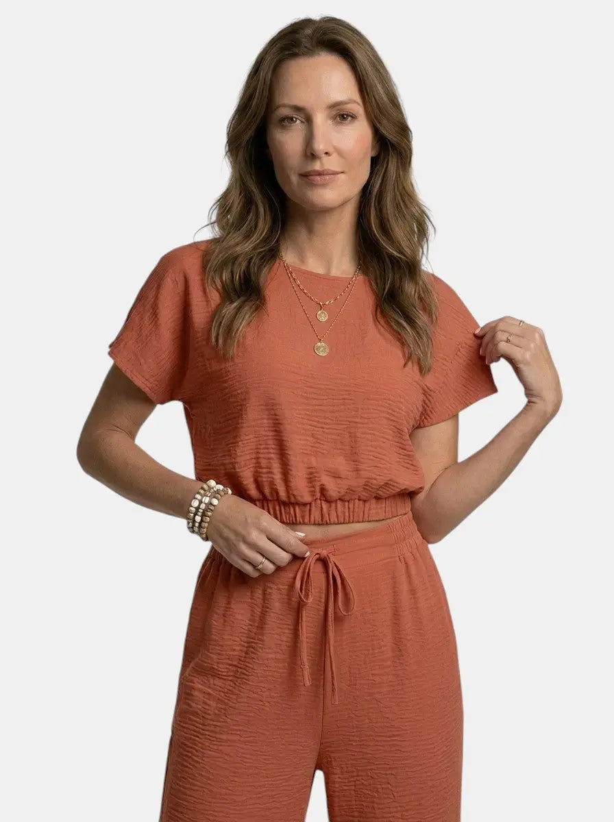 Women's Textured Cotton Loungewear Set | Relaxed Crop Top and Wide Leg Trousers