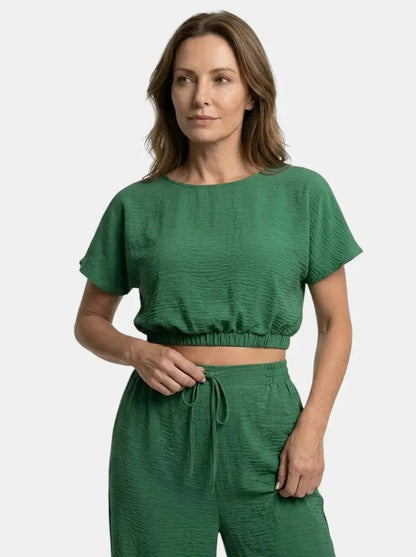 Women's Textured Cotton Loungewear Set | Relaxed Crop Top and Wide Leg Trousers