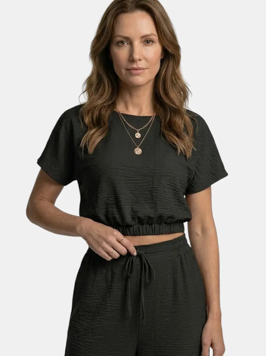 Women's Textured Cotton Loungewear Set | Relaxed Crop Top and Wide Leg Trousers